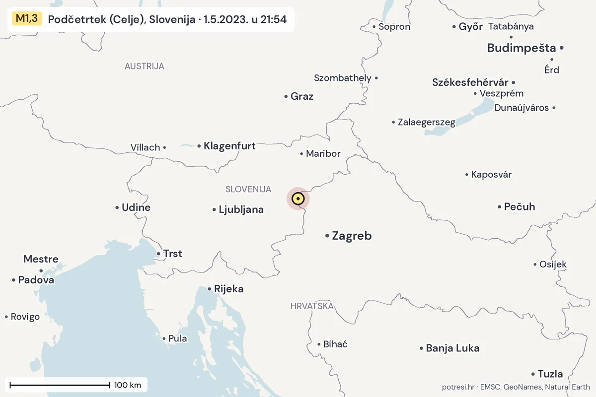 Karta: šire područje, 600 km, potres M1,3, Podčetrtek (Celje), Slovenija, 1.5.2023.