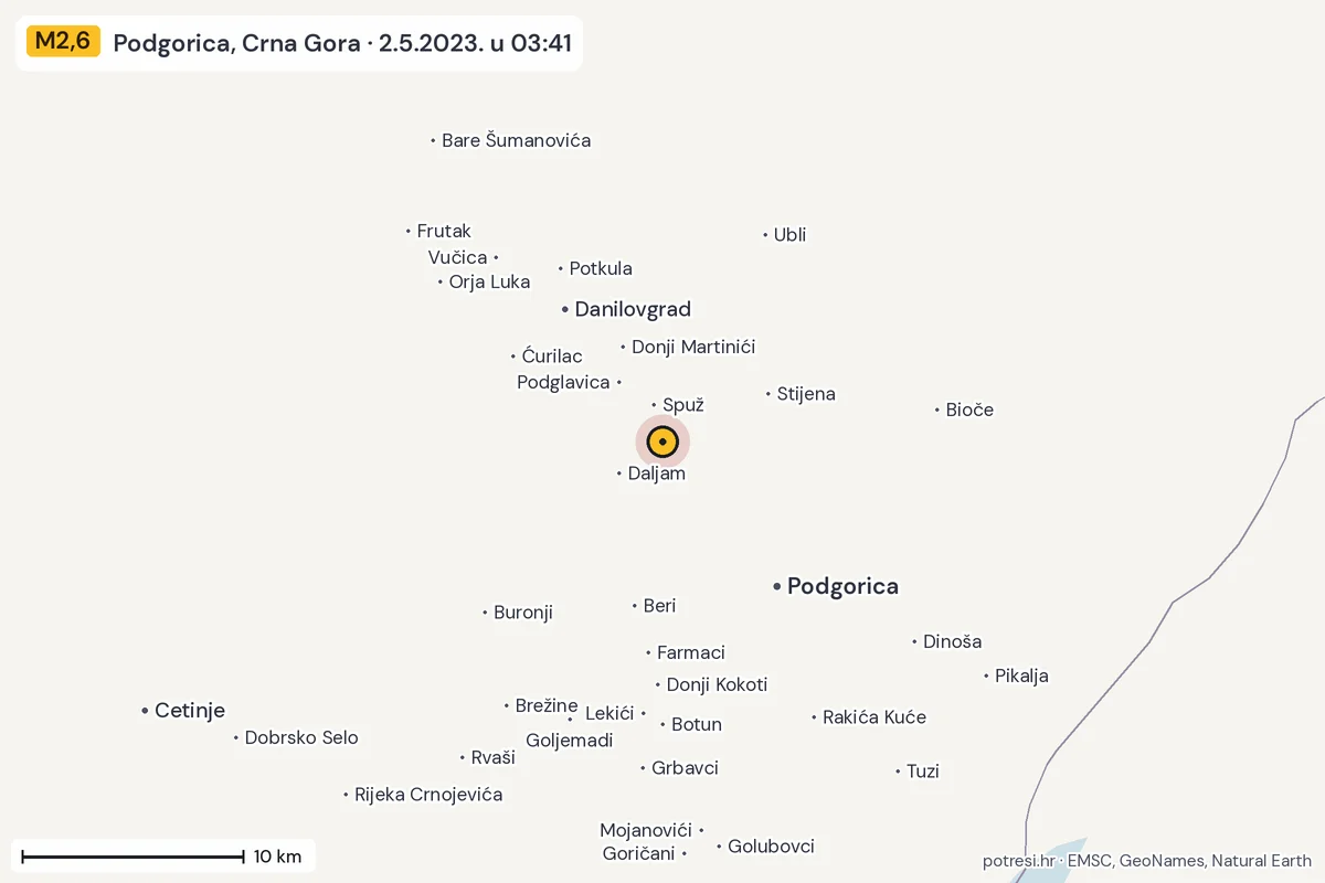 Karta: okolica epicentra, 60 km, potres M2,6, Podgorica, Crna Gora, 2.5.2023.