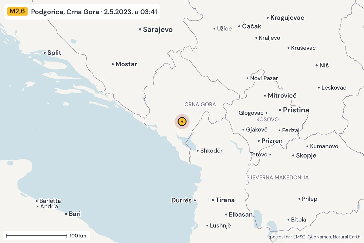 Karta: šire područje, 600 km, potres M2,6, Podgorica, Crna Gora, 2.5.2023.