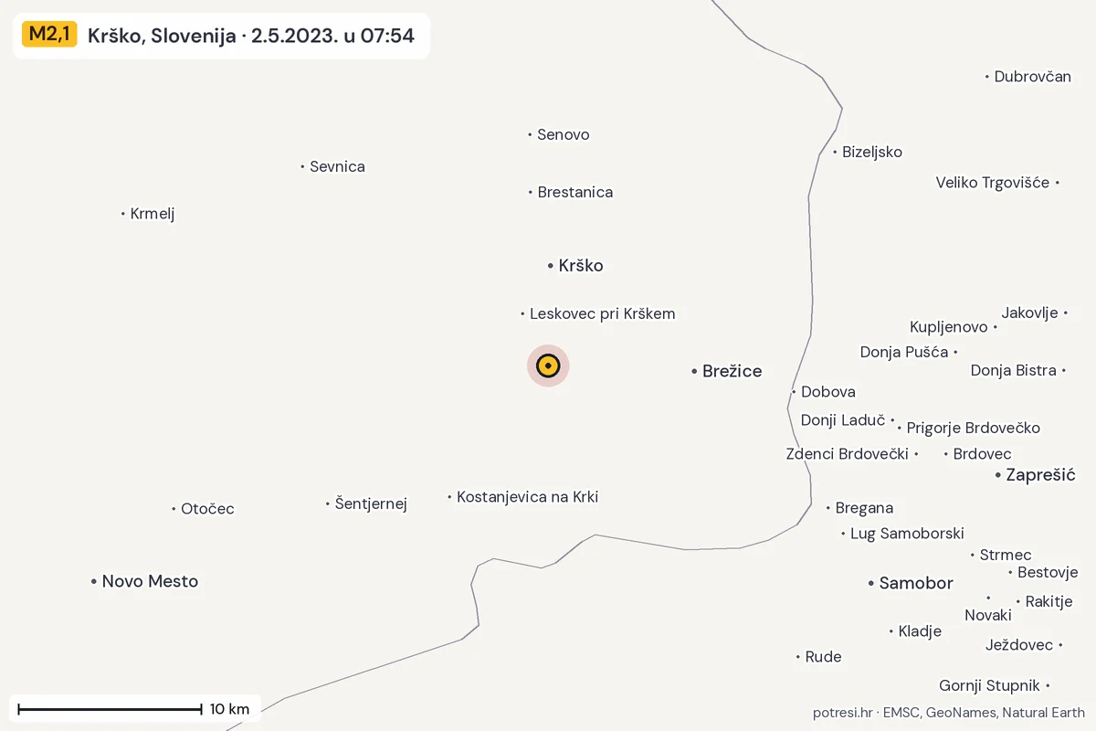 Karta: okolica epicentra, 60 km, potres M2,1, Krško, Slovenija, 2.5.2023.