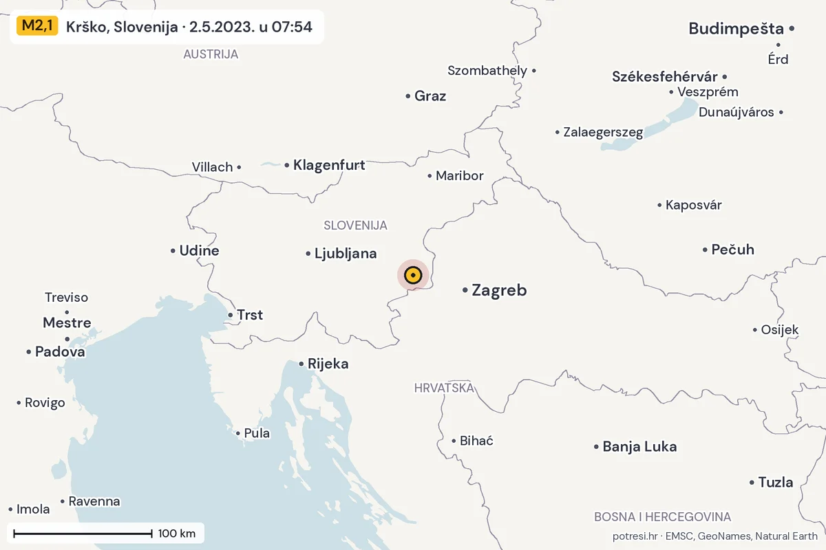 Karta: šire područje, 600 km, potres M2,1, Krško, Slovenija, 2.5.2023.
