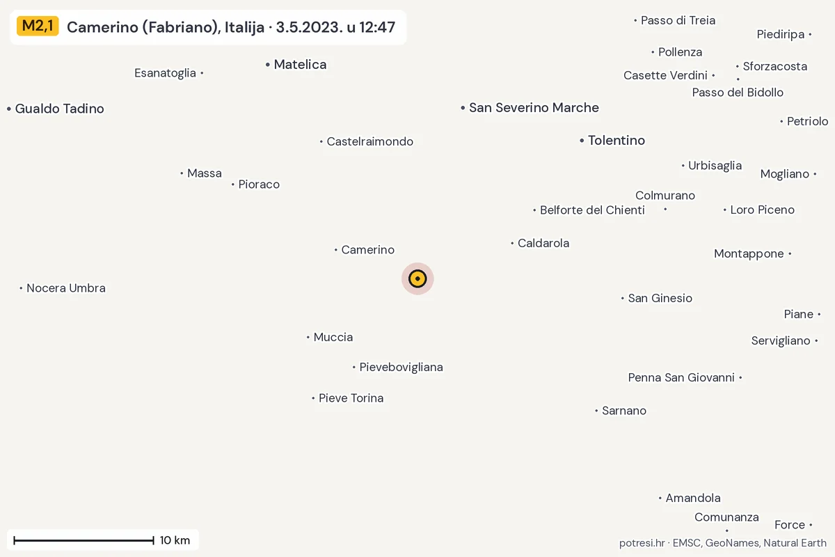 Karta: okolica epicentra, 60 km, potres M2,1, Camerino (Fabriano), Italija, 3.5.2023.
