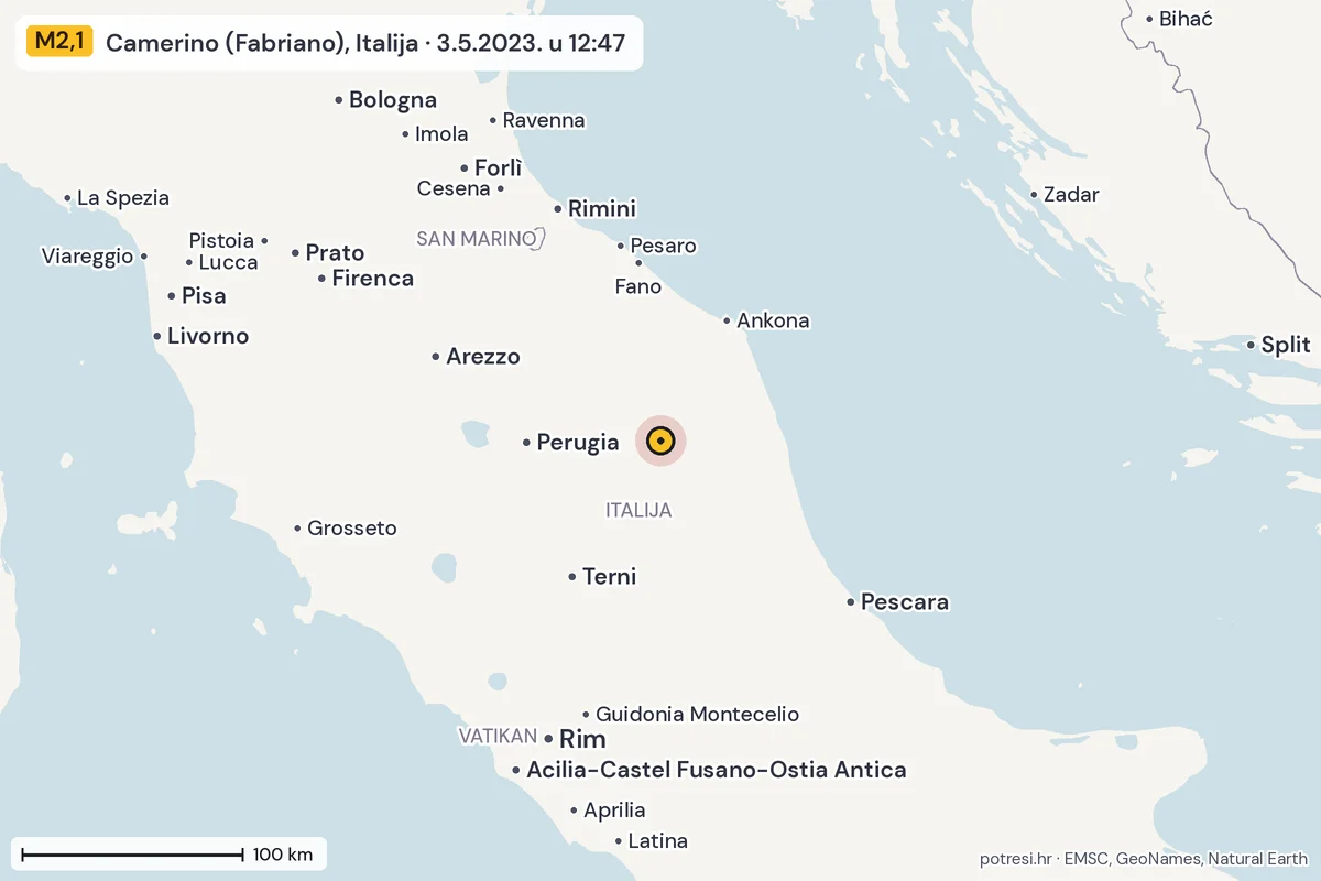 Karta: šire područje, 600 km, potres M2,1, Camerino (Fabriano), Italija, 3.5.2023.