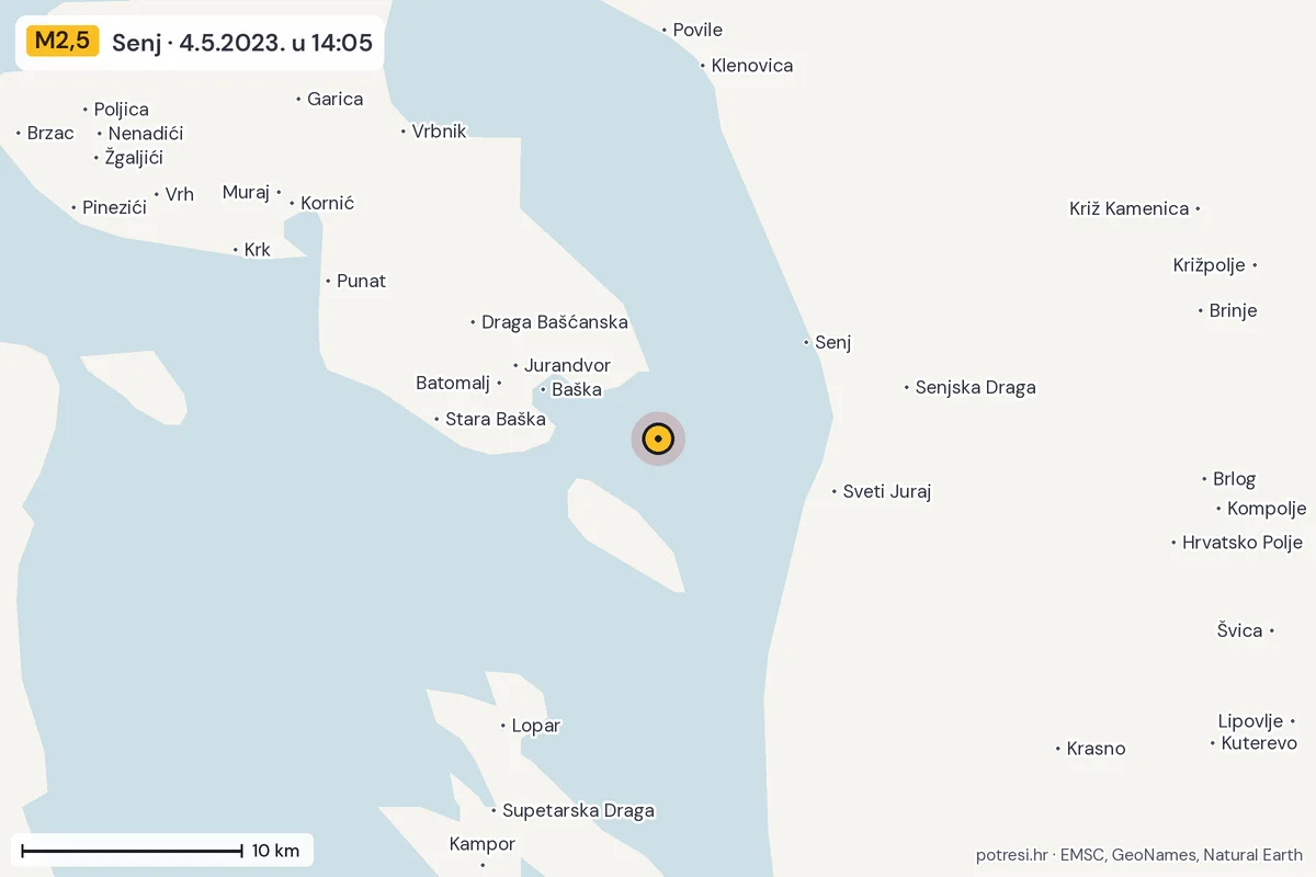 Karta: okolica epicentra, 60 km, potres M2,5, Senj, 4.5.2023.