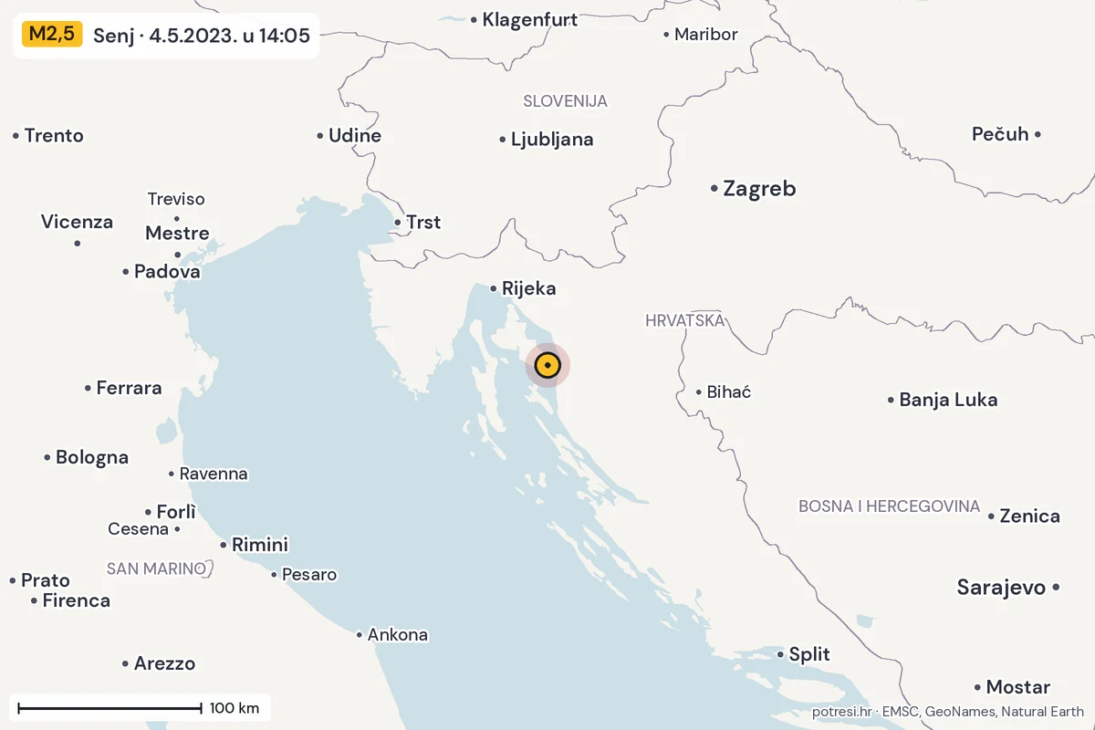 Karta: šire područje, 600 km, potres M2,5, Senj, 4.5.2023.