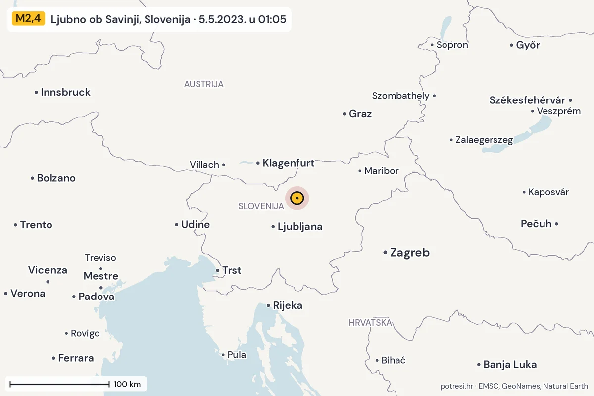 Karta: šire područje, 600 km, potres M2,4, Ljubno ob Savinji, Slovenija, 5.5.2023.