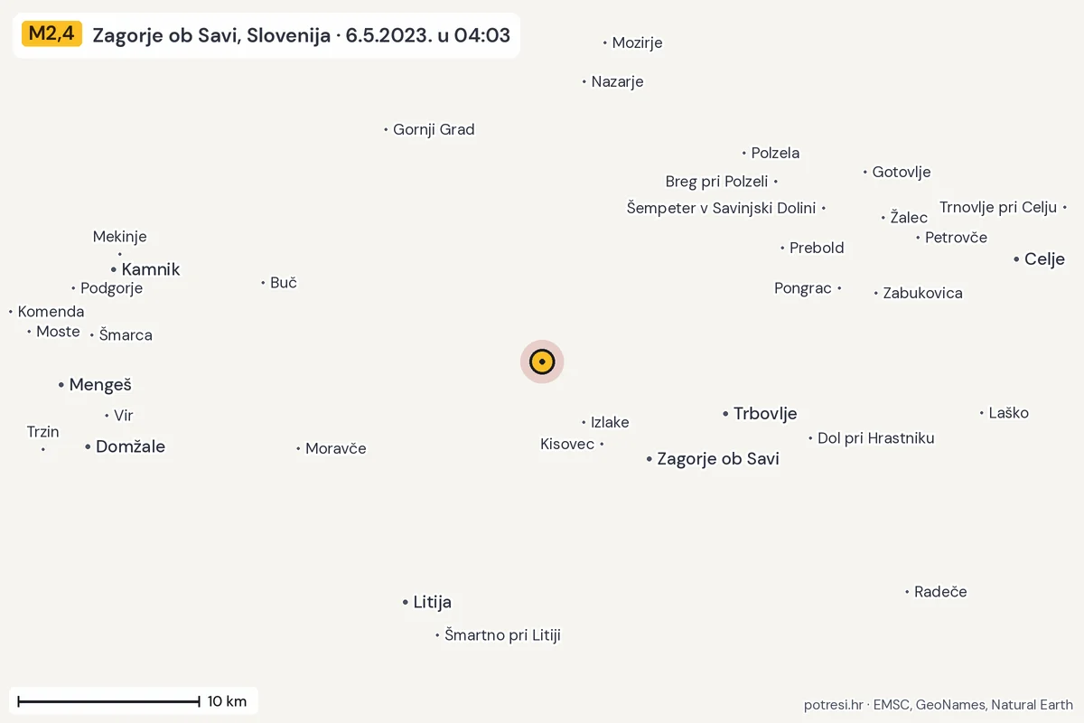 Karta: okolica epicentra, 60 km, potres M2,4, Zagorje ob Savi, Slovenija, 6.5.2023.