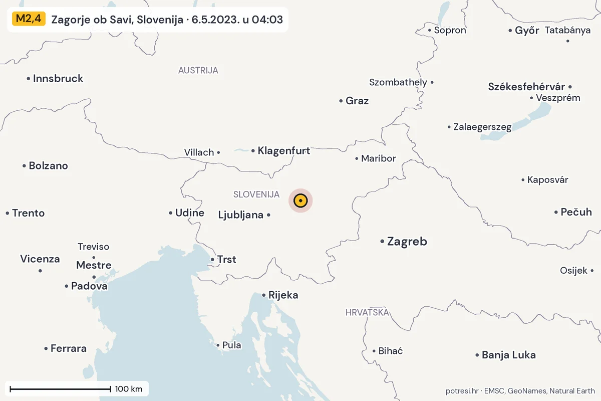 Karta: šire područje, 600 km, potres M2,4, Zagorje ob Savi, Slovenija, 6.5.2023.