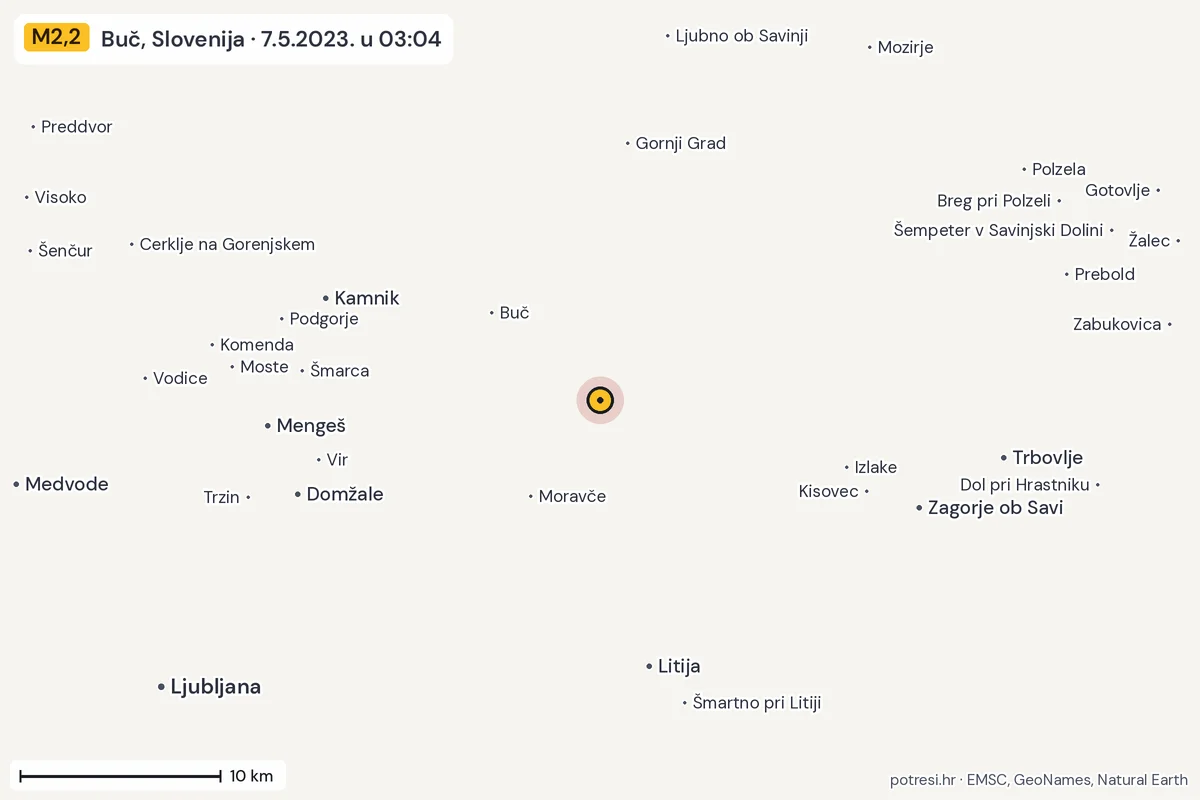 Karta: okolica epicentra, 60 km, potres M2,2, Buč, Slovenija, 7.5.2023.