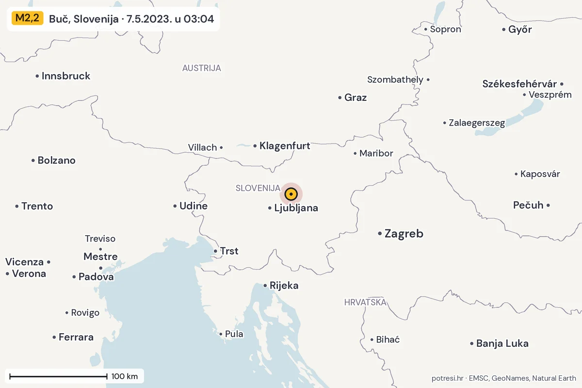 Karta: šire područje, 600 km, potres M2,2, Buč, Slovenija, 7.5.2023.