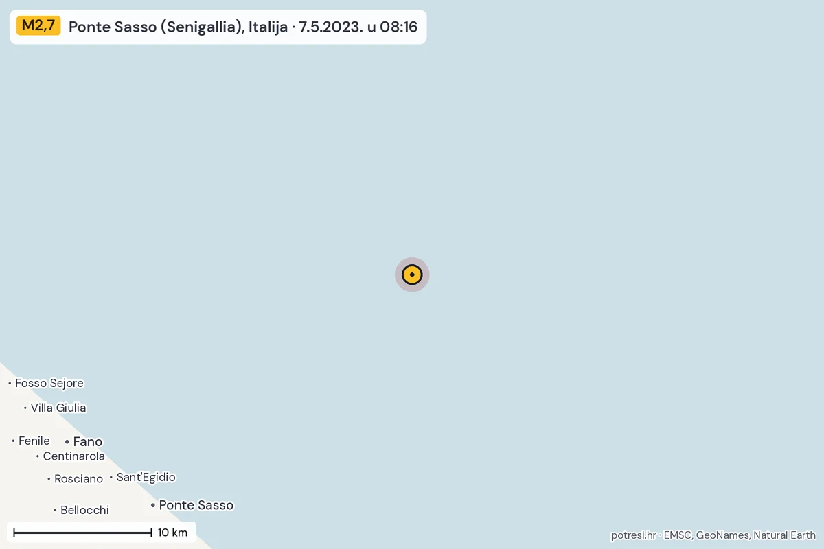 Karta: okolica epicentra, 60 km, potres M2,7, Ponte Sasso (Senigallia), Italija, 7.5.2023.