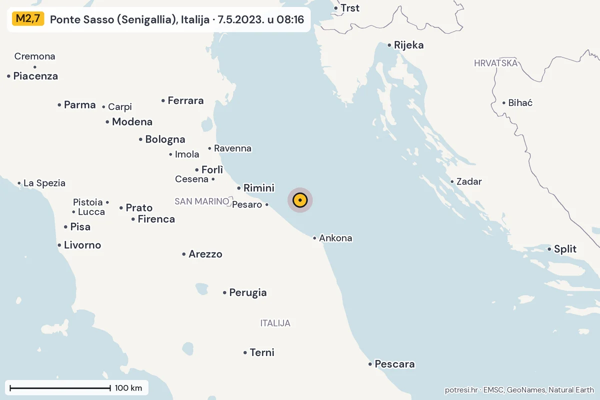 Karta: šire područje, 600 km, potres M2,7, Ponte Sasso (Senigallia), Italija, 7.5.2023.