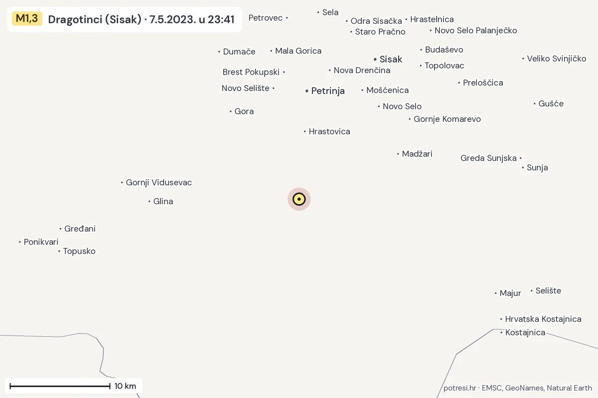Karta: okolica epicentra, 60 km, potres M1,3, Dragotinci (Sisak), 7.5.2023.