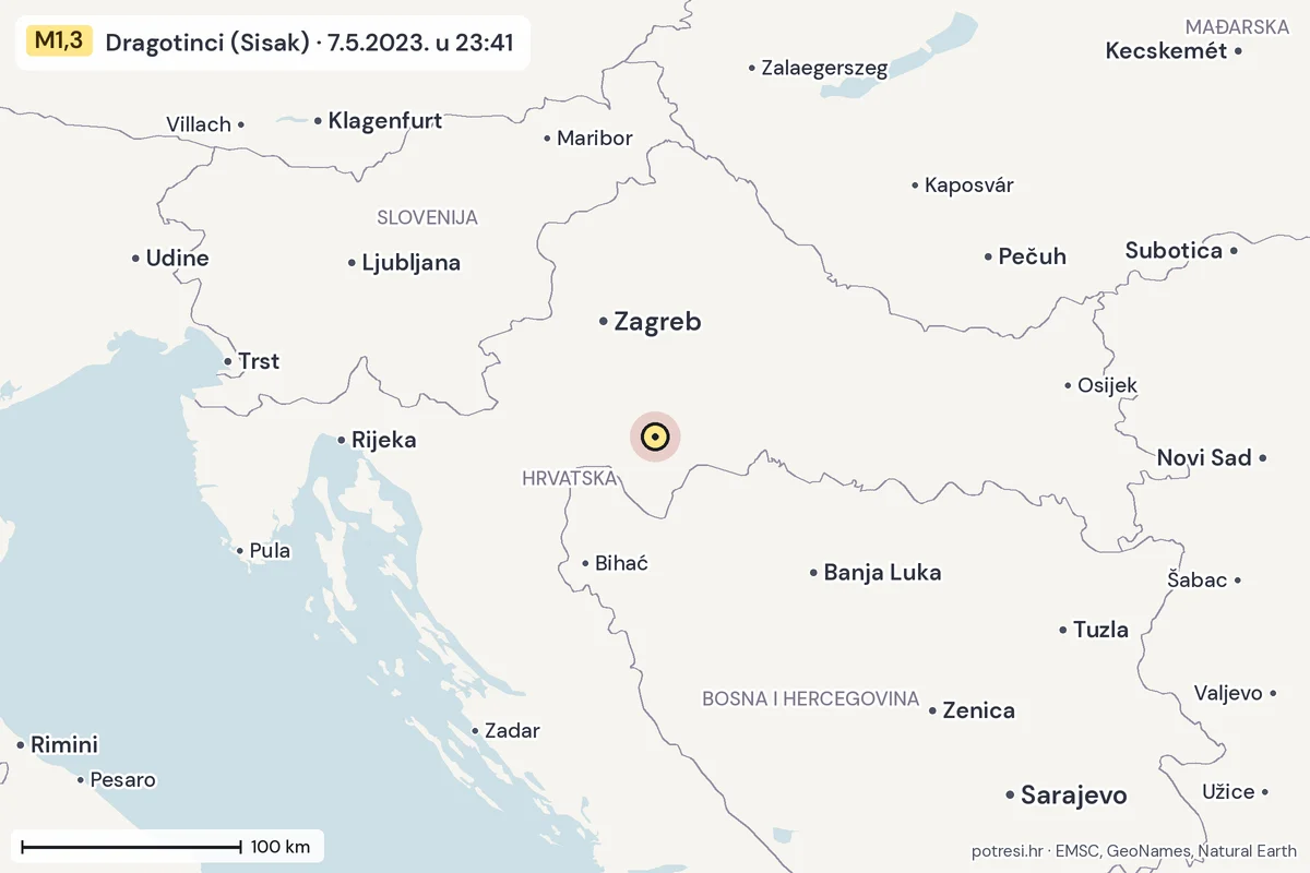 Karta: šire područje, 600 km, potres M1,3, Dragotinci (Sisak), 7.5.2023.