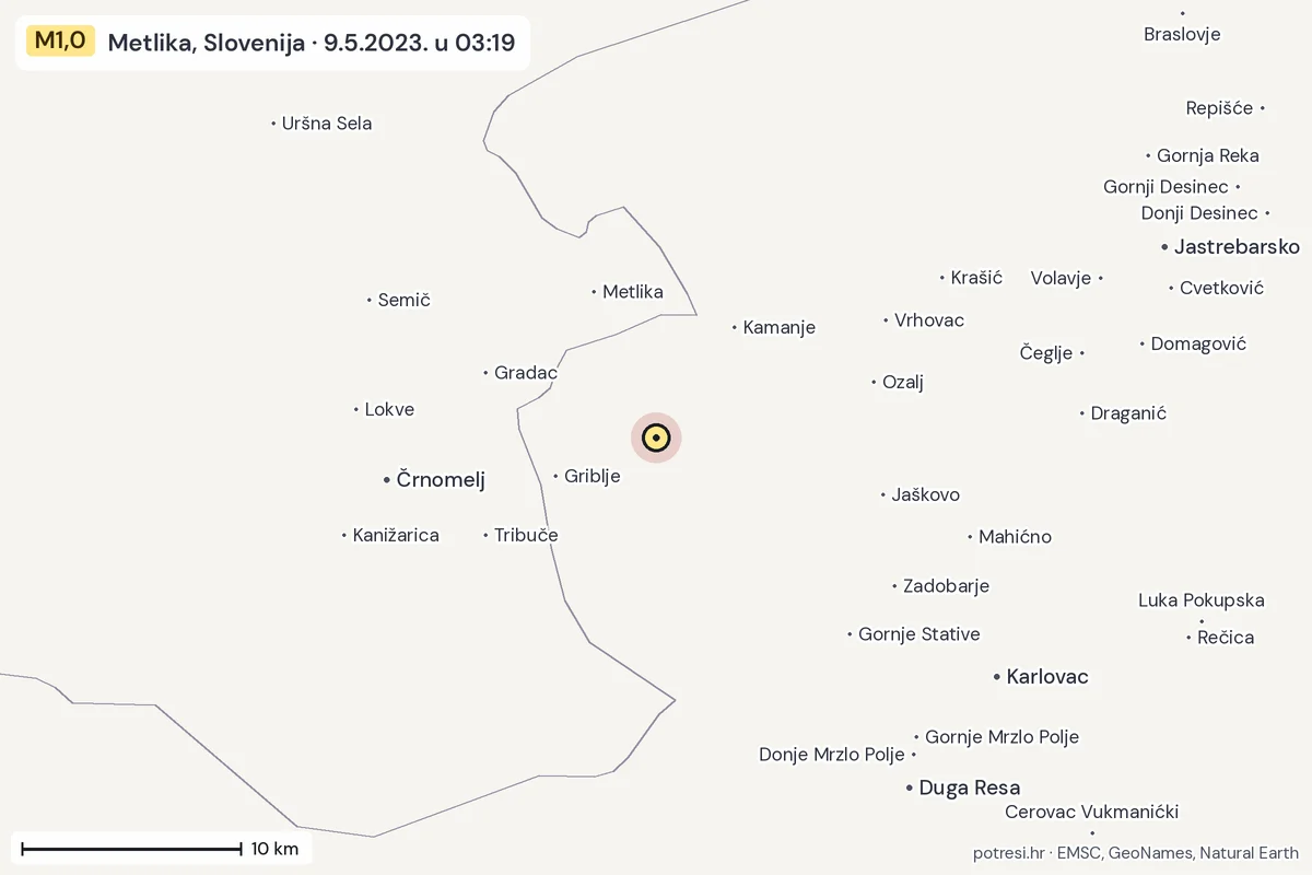 Karta: okolica epicentra, 60 km, potres M1,0, Metlika, Slovenija, 9.5.2023.