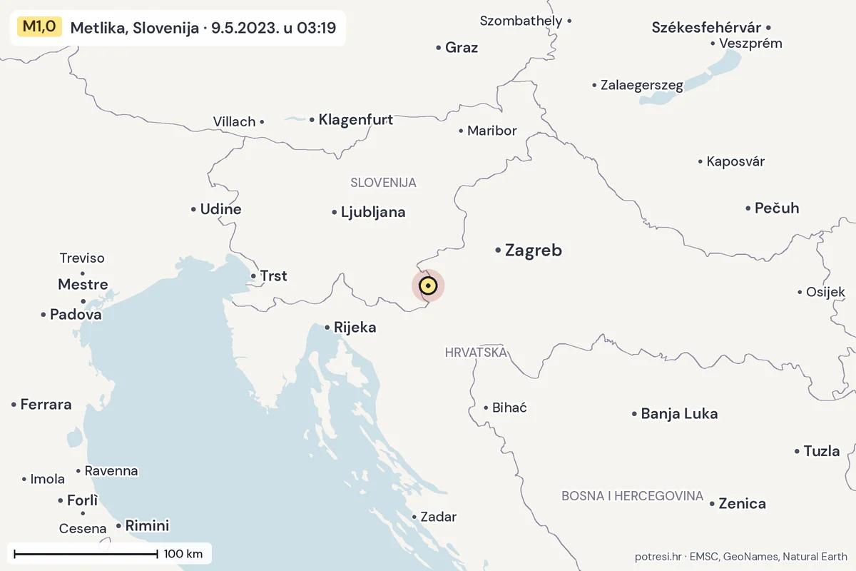 Karta: šire područje, 600 km, potres M1,0, Metlika, Slovenija, 9.5.2023.