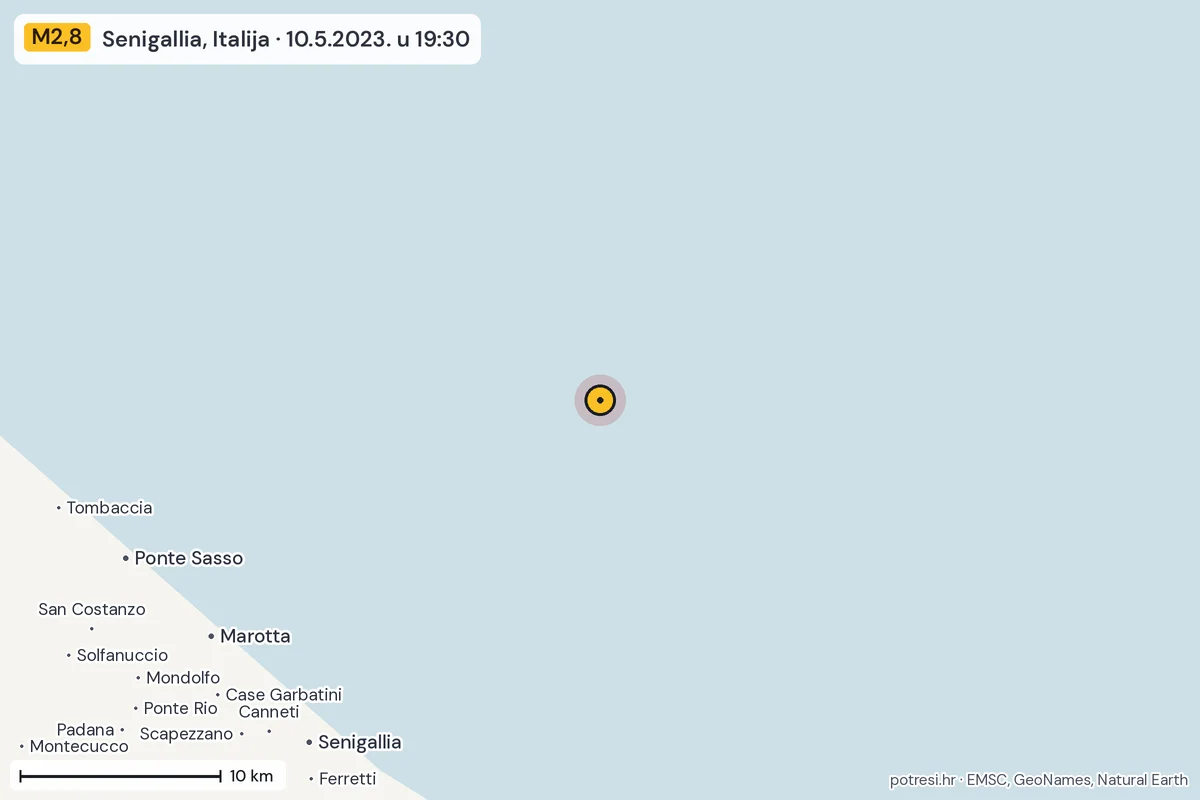Karta: okolica epicentra, 60 km, potres M2,8, Senigallia, Italija, 10.5.2023.