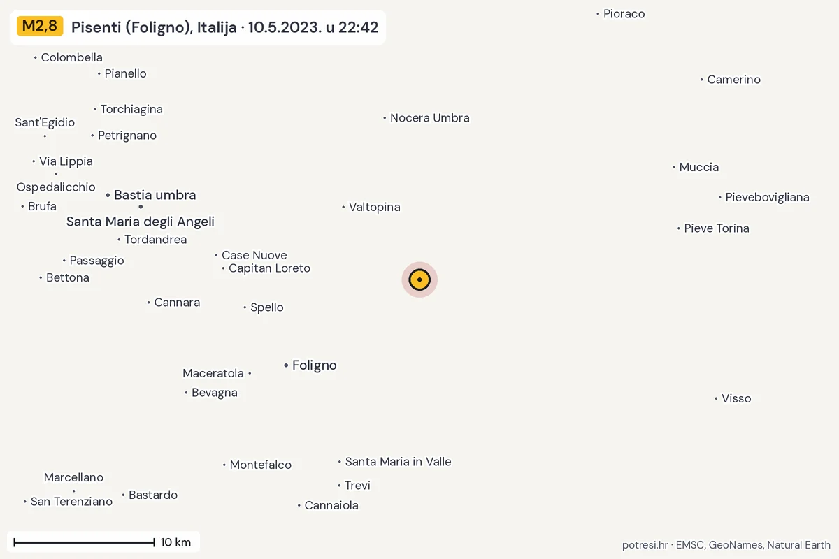 Karta: okolica epicentra, 60 km, potres M2,8, Pisenti (Foligno), Italija, 10.5.2023.