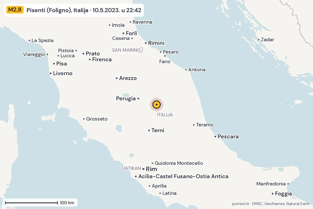 Karta: šire područje, 600 km, potres M2,8, Pisenti (Foligno), Italija, 10.5.2023.