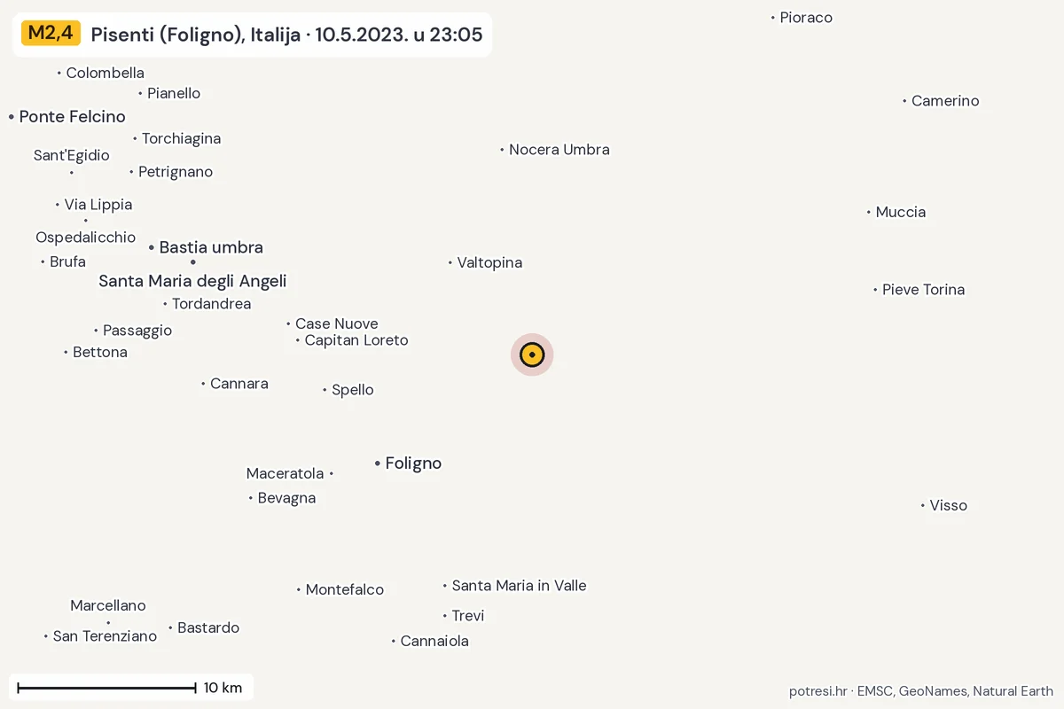 Karta: okolica epicentra, 60 km, potres M2,4, Pisenti (Foligno), Italija, 10.5.2023.