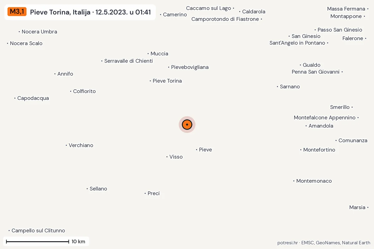 Karta: okolica epicentra, 60 km, potres M3,1, Pieve Torina, Italija, 12.5.2023.
