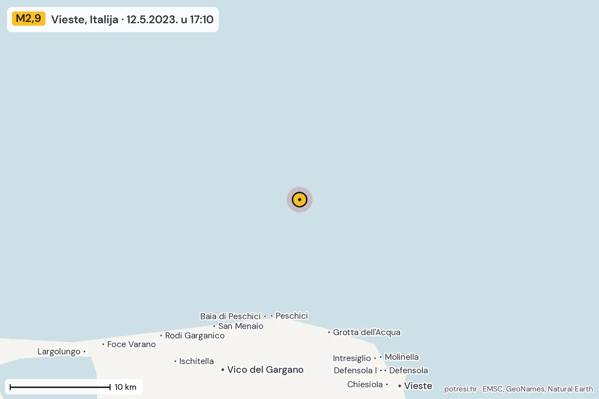 Karta: okolica epicentra, 60 km, potres M2,9, Vieste, Italija, 12.5.2023.