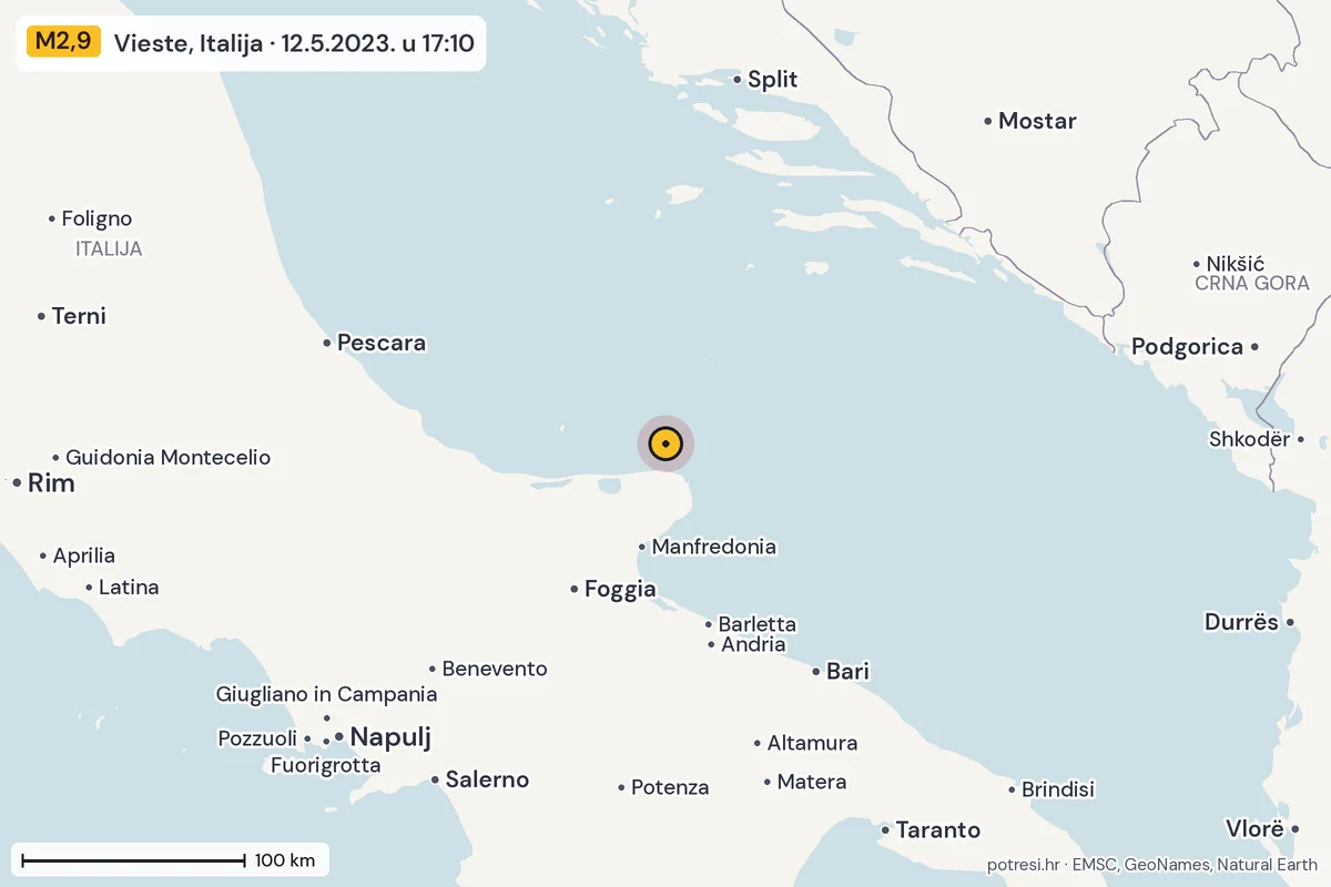 Karta: šire područje, 600 km, potres M2,9, Vieste, Italija, 12.5.2023.