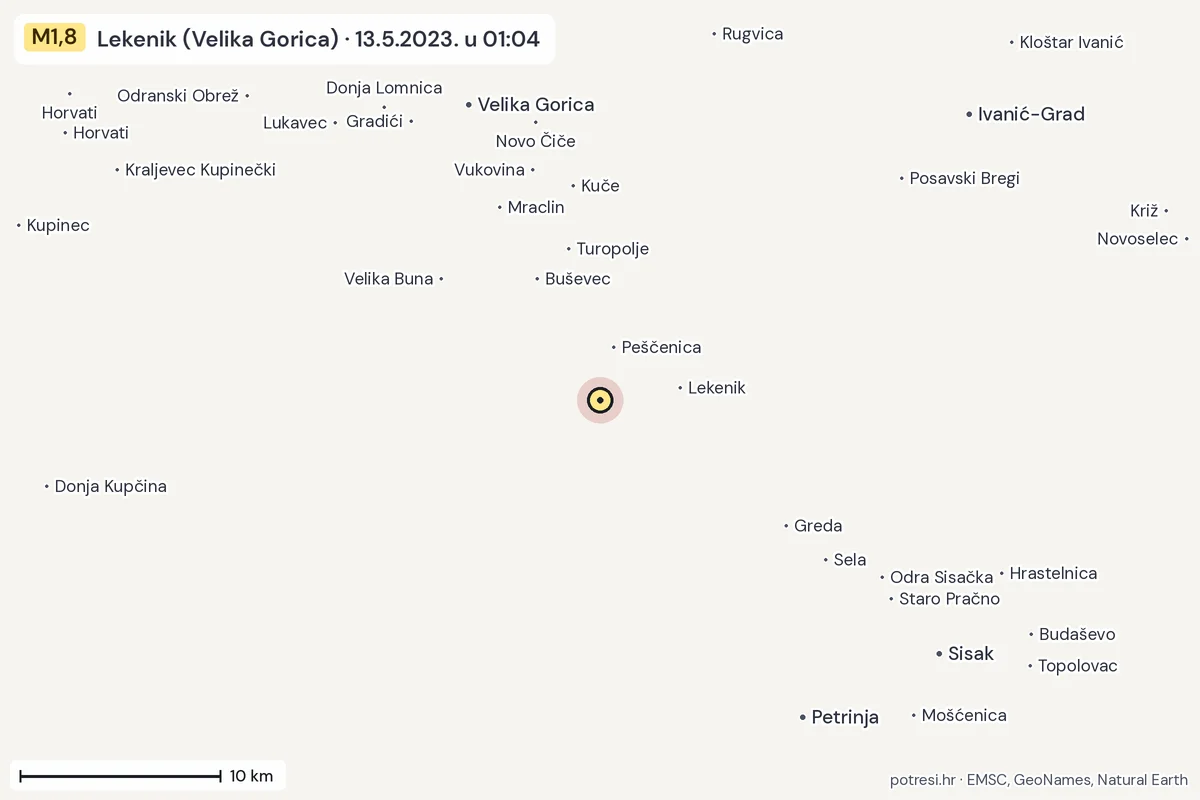 Karta: okolica epicentra, 60 km, potres M1,8, Lekenik (Velika Gorica), 13.5.2023.