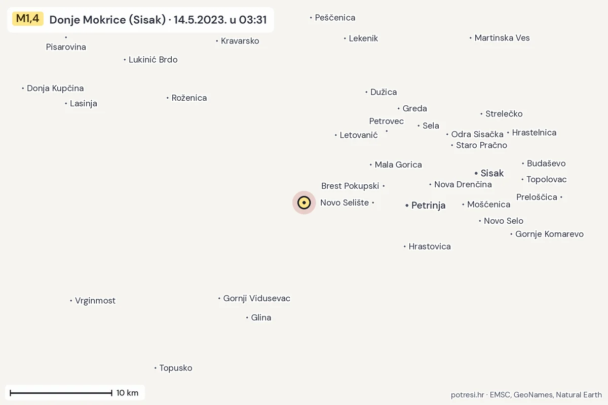Karta: okolica epicentra, 60 km, potres M1,4, Donje Mokrice (Sisak), 14.5.2023.
