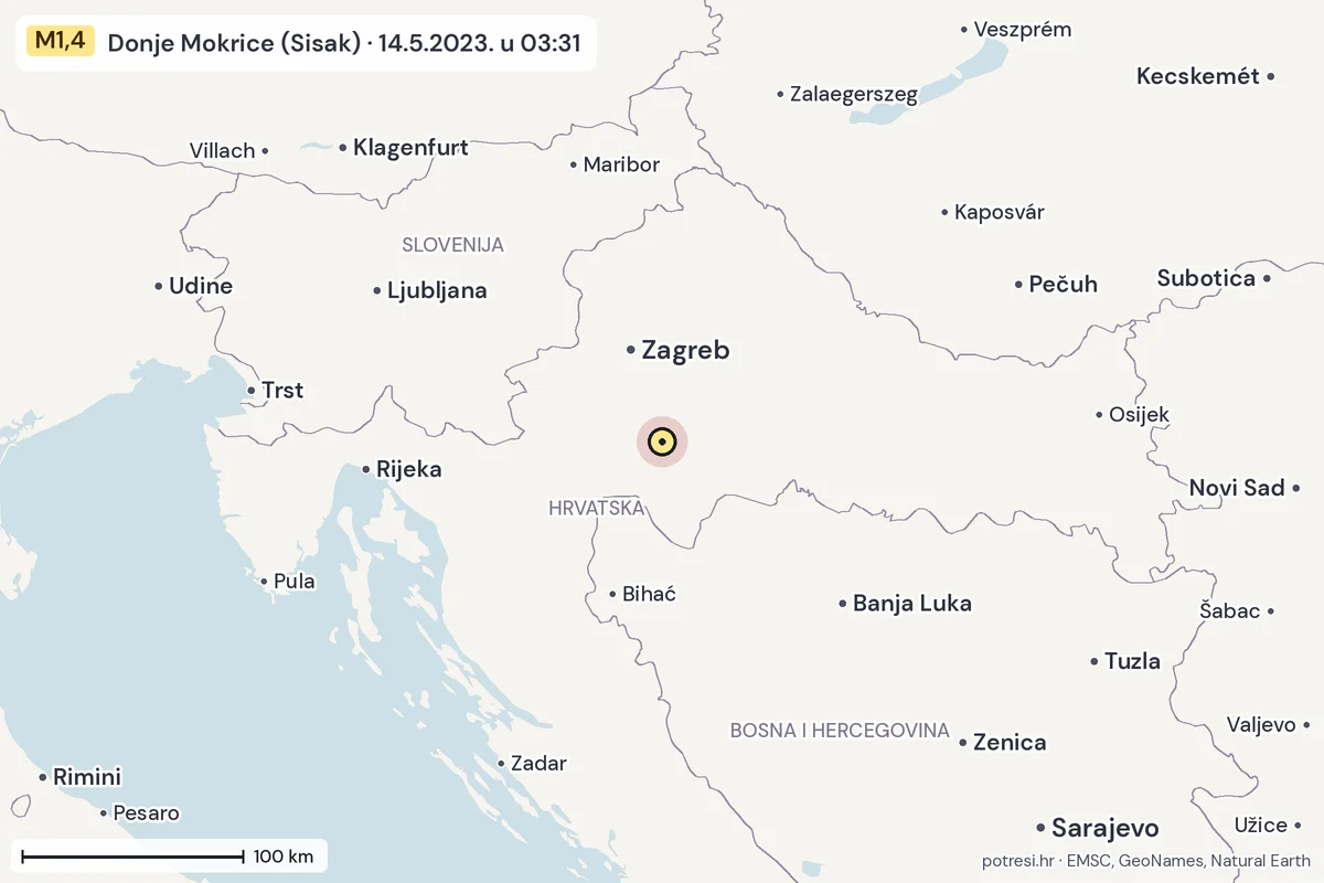 Karta: šire područje, 600 km, potres M1,4, Donje Mokrice (Sisak), 14.5.2023.