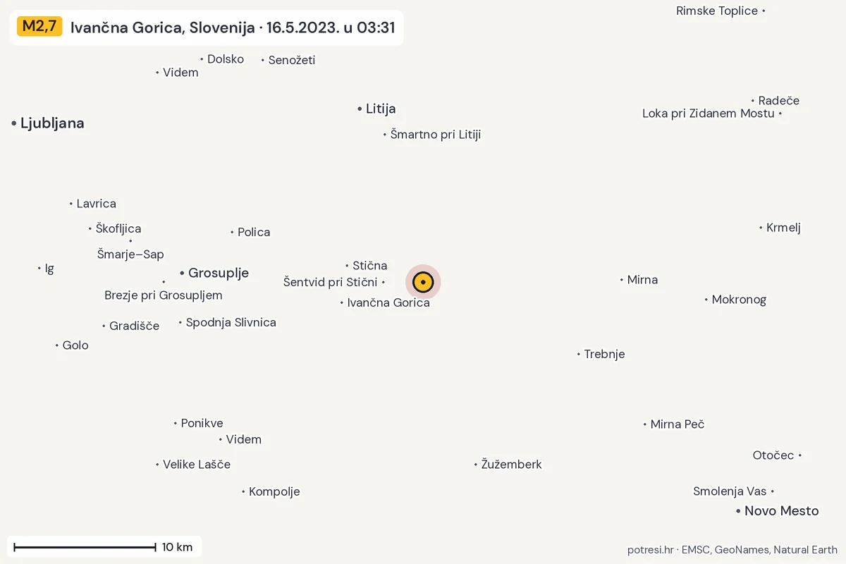 Karta: okolica epicentra, 60 km, potres M2,7, Ivančna Gorica, Slovenija, 16.5.2023.