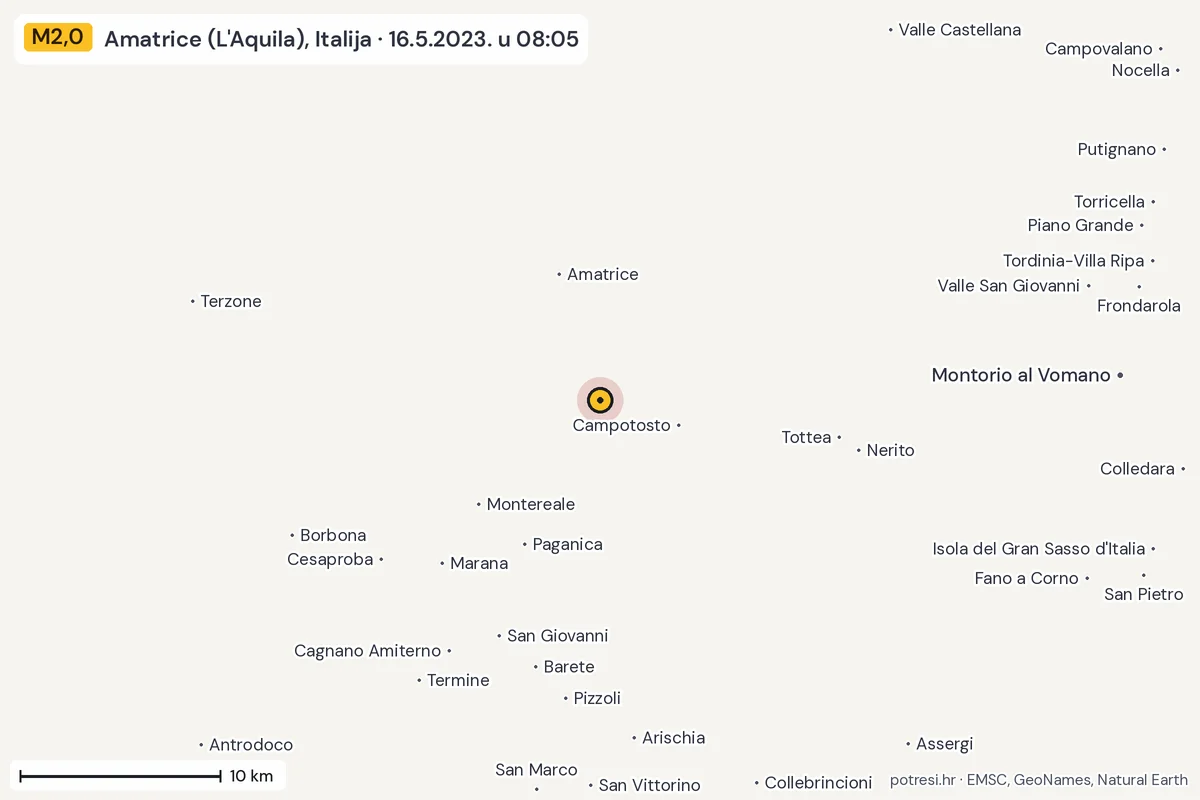 Karta: okolica epicentra, 60 km, potres M2,0, Amatrice (L'Aquila), Italija, 16.5.2023.