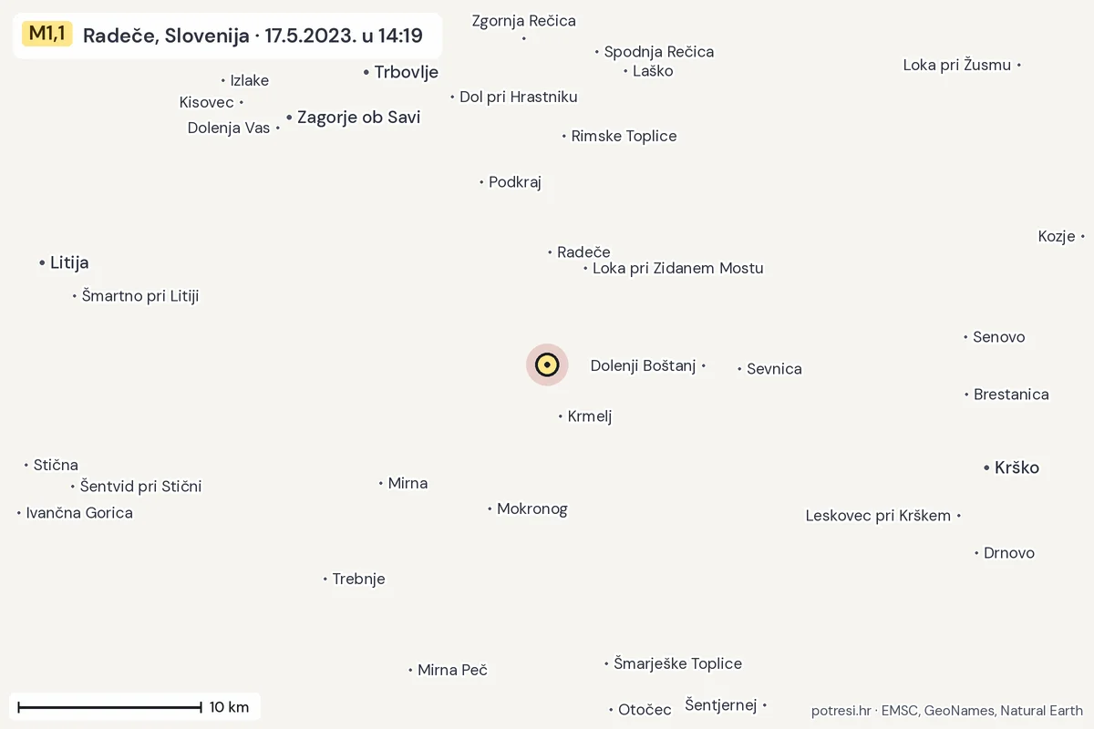 Karta: okolica epicentra, 60 km, potres M1,1, Radeče, Slovenija, 17.5.2023.