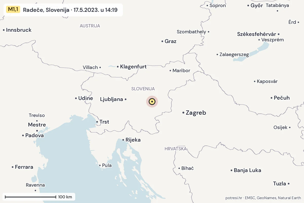 Karta: šire područje, 600 km, potres M1,1, Radeče, Slovenija, 17.5.2023.