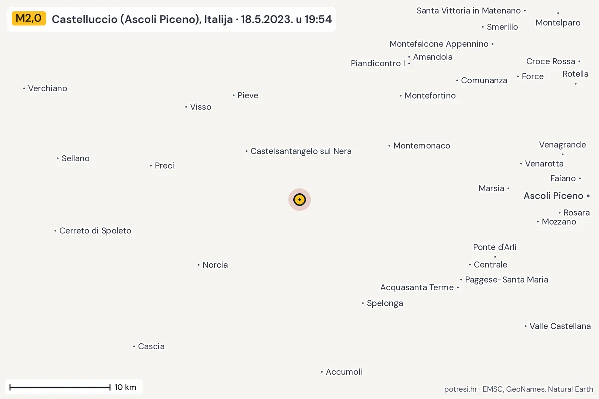 Karta: okolica epicentra, 60 km, potres M2,0, Castelluccio (Ascoli Piceno), Italija, 18.5.2023.