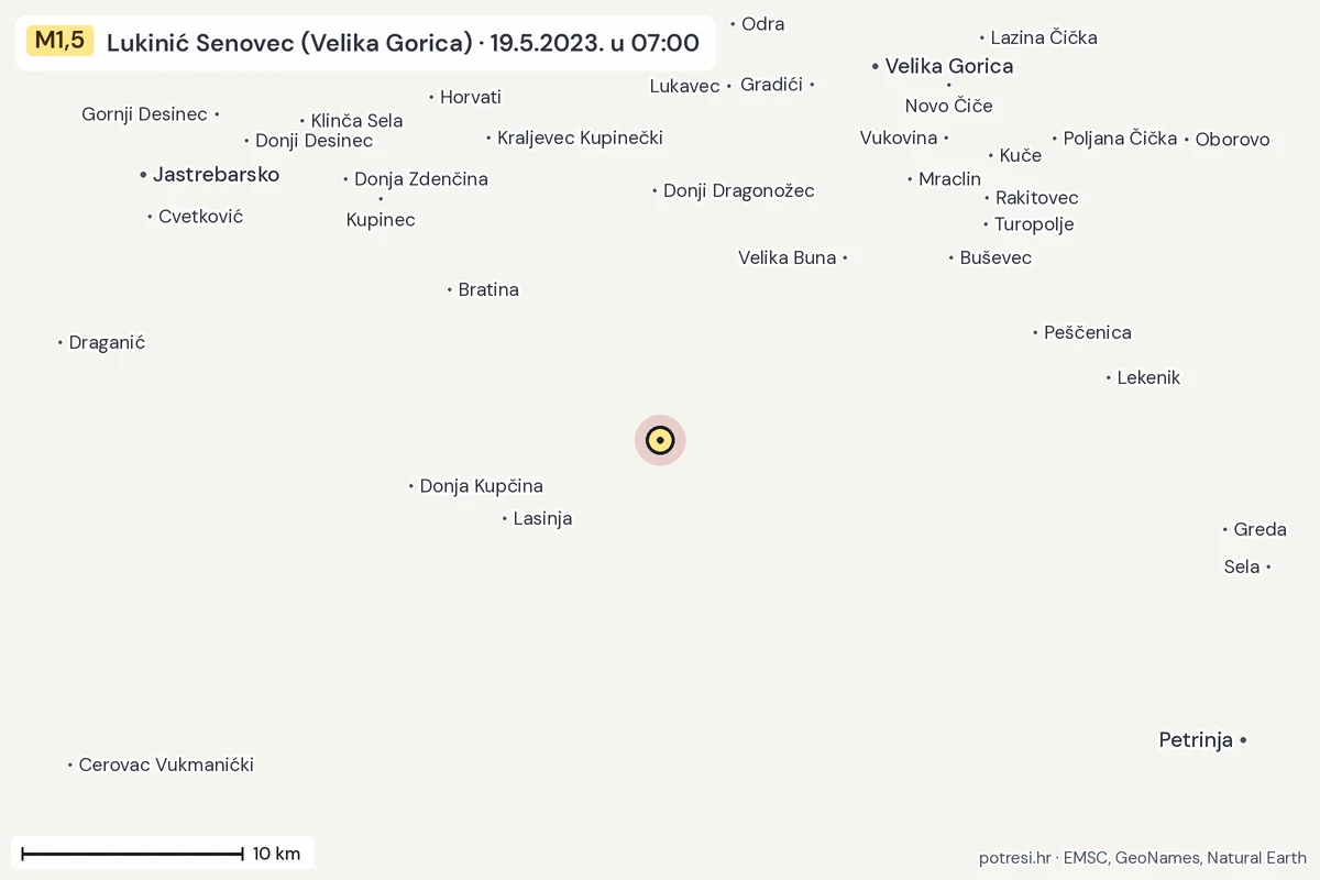 Karta: okolica epicentra, 60 km, potres M1,5, Lukinić Senovec (Velika Gorica), 19.5.2023.