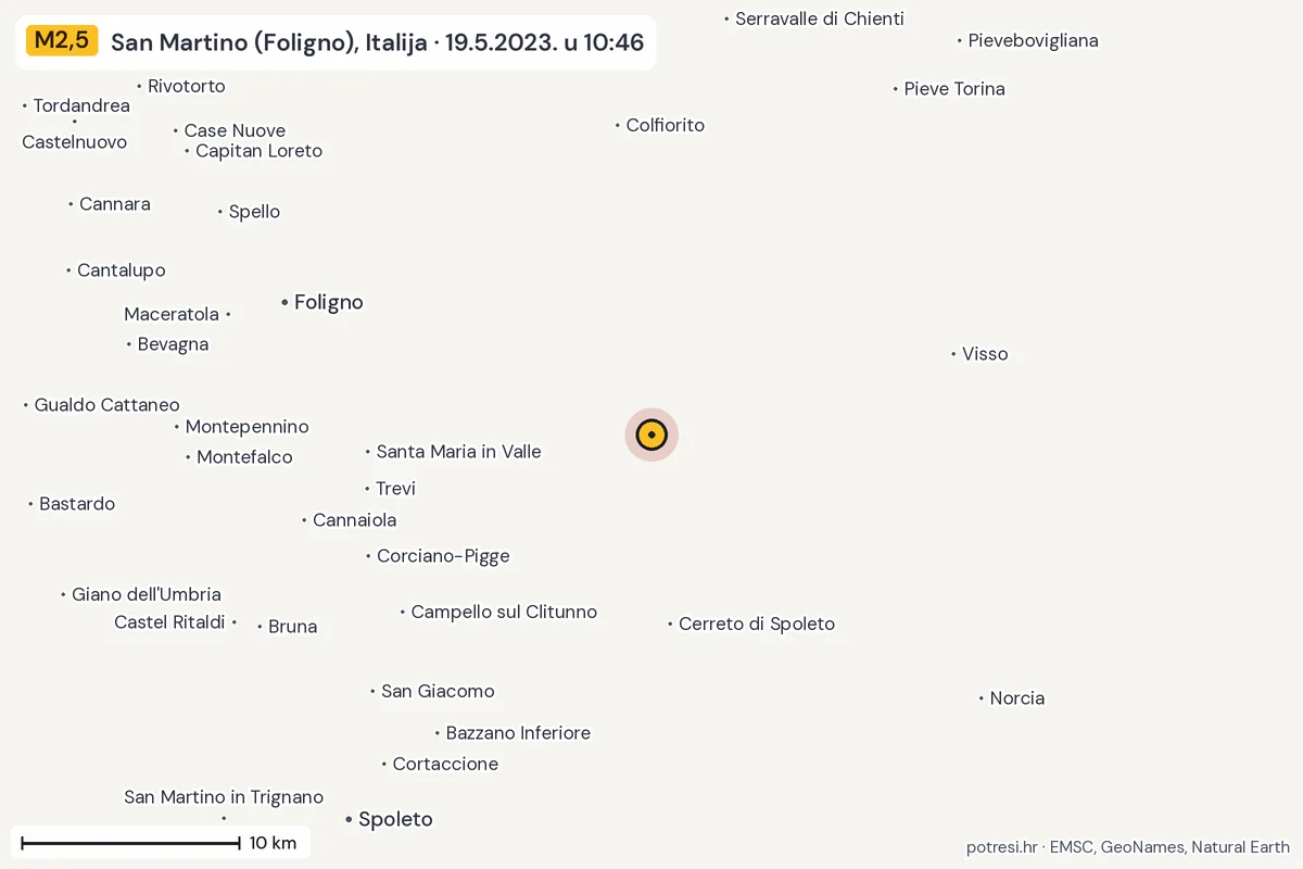 Karta: okolica epicentra, 60 km, potres M2,5, San Martino (Foligno), Italija, 19.5.2023.