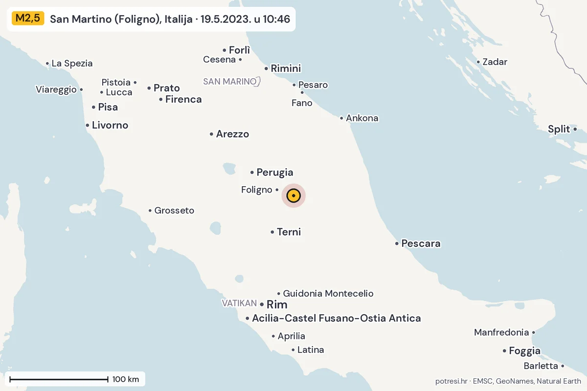 Karta: šire područje, 600 km, potres M2,5, San Martino (Foligno), Italija, 19.5.2023.