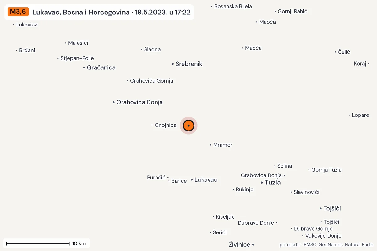 Karta: okolica epicentra, 60 km, potres M3,6, Lukavac, Bosna i Hercegovina, 19.5.2023.