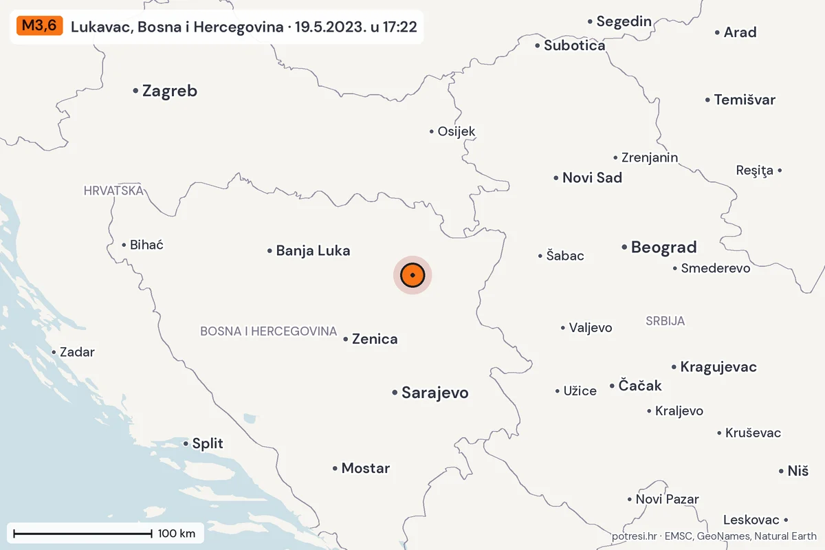 Karta: šire područje, 600 km, potres M3,6, Lukavac, Bosna i Hercegovina, 19.5.2023.