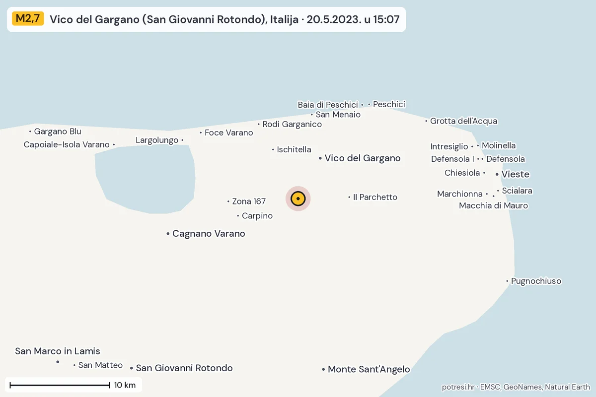 Karta: okolica epicentra, 60 km, potres M2,7, Vico del Gargano (San Giovanni Rotondo), Italija, 20.5.2023.