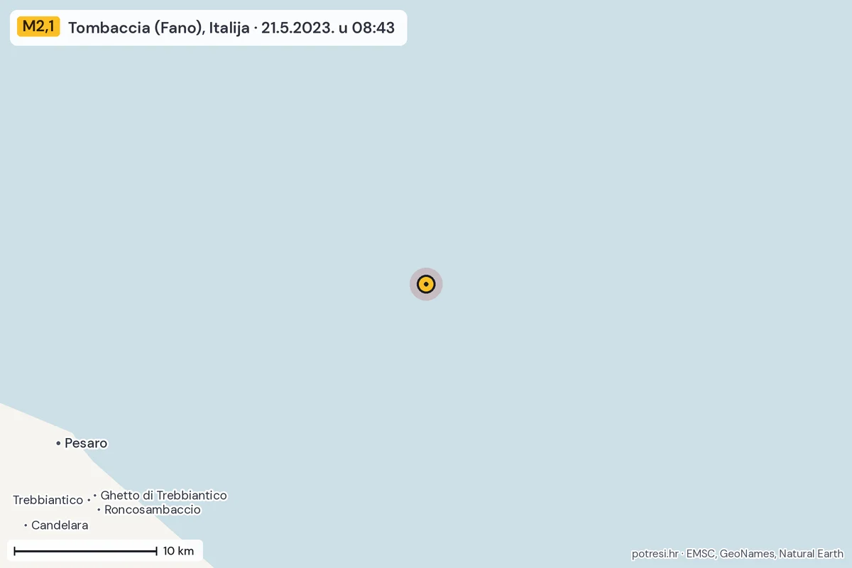 Karta: okolica epicentra, 60 km, potres M2,1, Tombaccia (Fano), Italija, 21.5.2023.