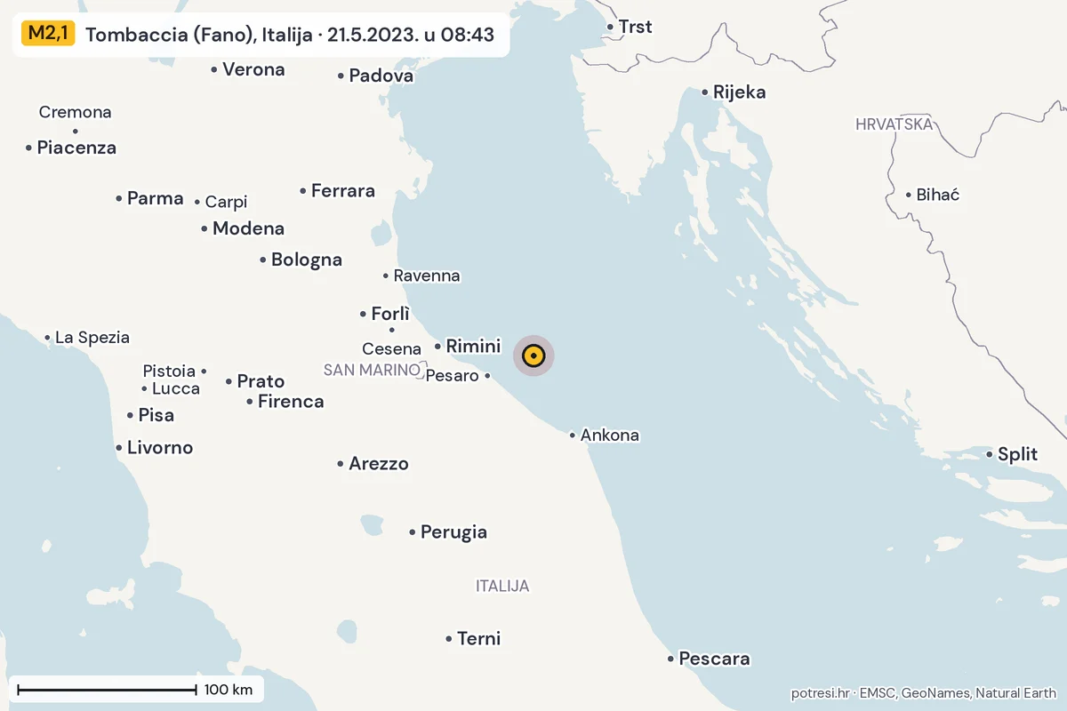 Karta: šire područje, 600 km, potres M2,1, Tombaccia (Fano), Italija, 21.5.2023.