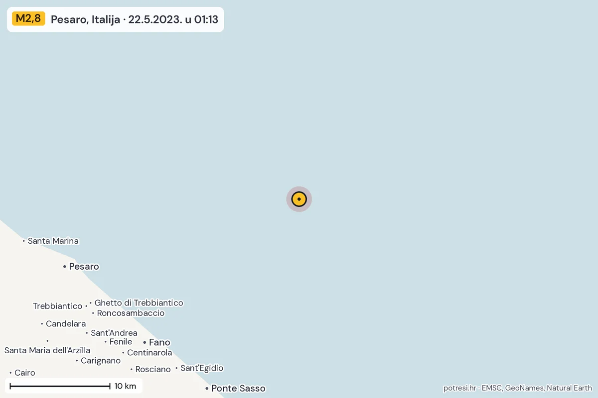 Karta: okolica epicentra, 60 km, potres M2,8, Pesaro, Italija, 22.5.2023.