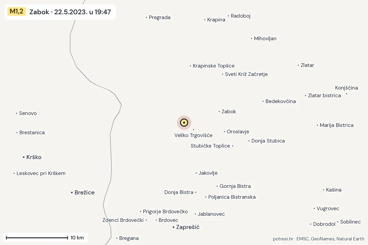 Karta: okolica epicentra, 60 km, potres M1,2, Zabok, 22.5.2023.