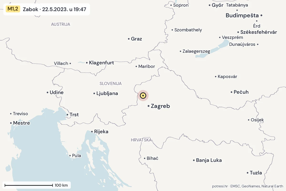 Karta: šire područje, 600 km, potres M1,2, Zabok, 22.5.2023.