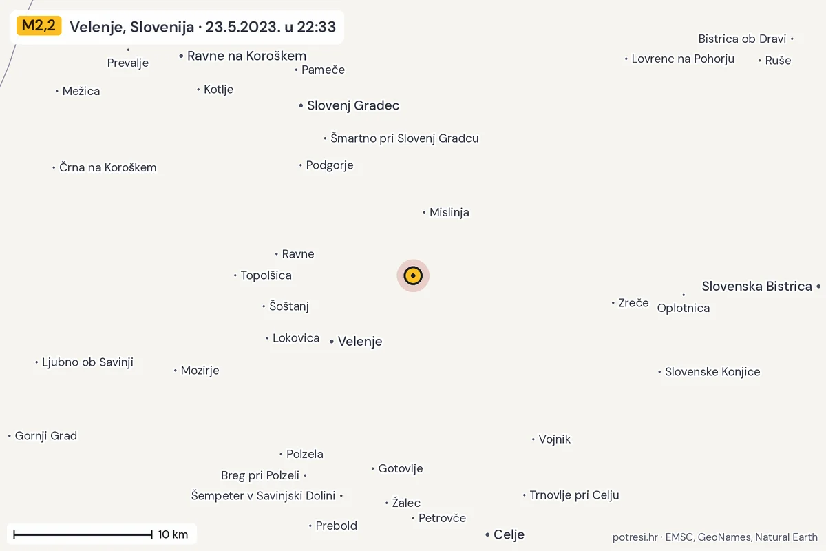 Karta: okolica epicentra, 60 km, potres M2,2, Velenje, Slovenija, 23.5.2023.