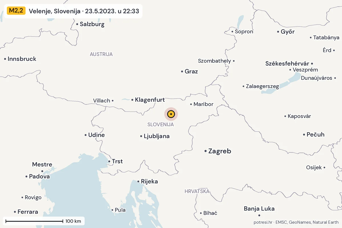 Karta: šire područje, 600 km, potres M2,2, Velenje, Slovenija, 23.5.2023.