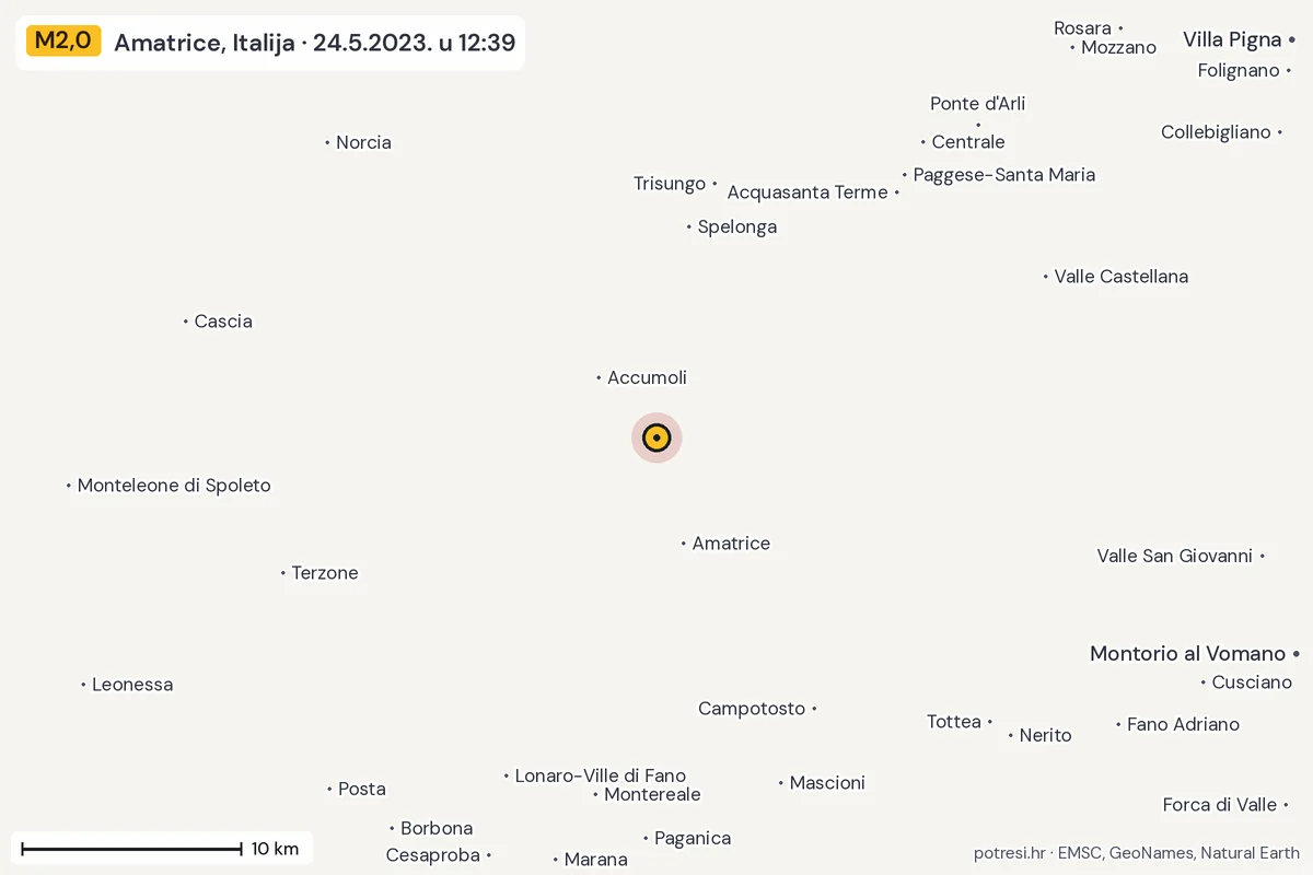 Karta: okolica epicentra, 60 km, potres M2,0, Amatrice, Italija, 24.5.2023.