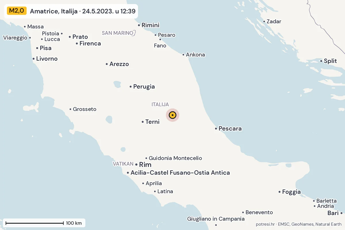 Karta: šire područje, 600 km, potres M2,0, Amatrice, Italija, 24.5.2023.